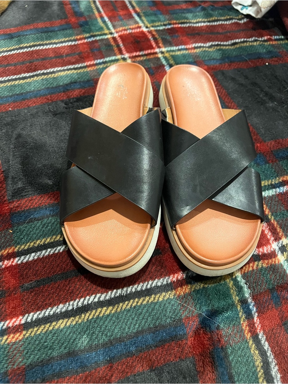 Black Cross-Band Slide Sandals with Tan Footbed
